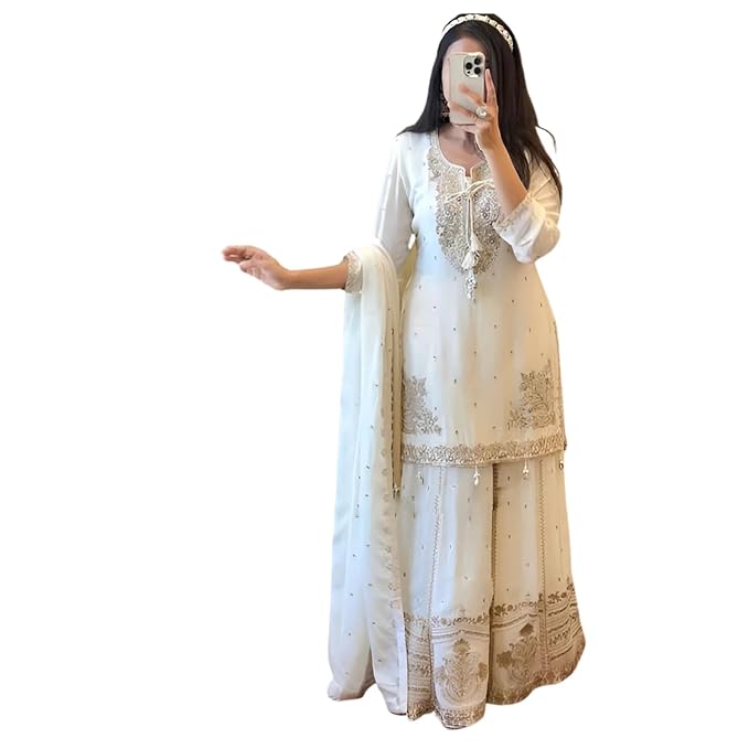 Elegant White Embroidered Sharara Set with Lace 