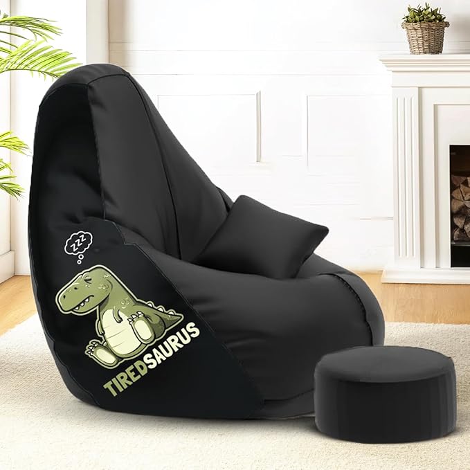 Solimo Premium Faux Leather Bean Bag Combo with Footrest & Cushion, Filled with Beans | Capacity: Upto 6 Ft 3 in Height, 120 KG Weight | 3XL | Tired Saurus