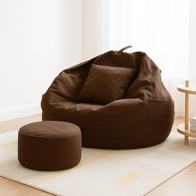 IVIKA Brand 5XL Premium Faux Leather Bean Bag Combo with Footrest & Cushion Combo, Filled with Beans | Capacity: Upto 6.5 Ft Height, 130 KG Weight (Brown, XXXXXL)