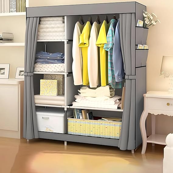 Kuber Industries Foldable Wardrobe for Clothes|Non Woven 2 Door Portable Clothes Rack|4 Shelves Almirah for Clothes (Grey)