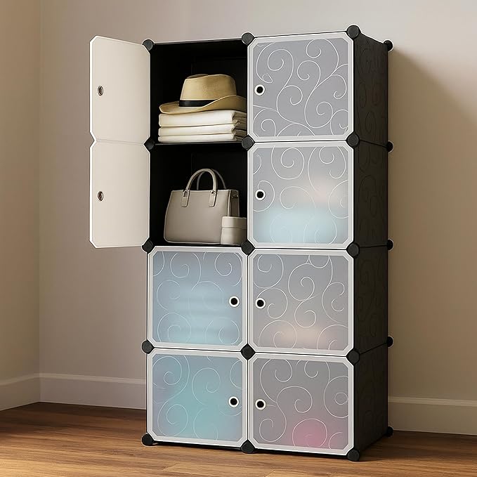 AYSIS ? ??????? Multi-Purpose Organizer | ???? ??????? Modular Storage Rack for Clothes, Kitchen, Living Room | Space-Saving Collapsible Wardrobe for Clothes【Black, 8-Shelf-8-Door】