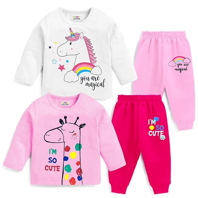 Kuchipoo Baby Girl Regular Fit Cotton T-Shirts and Pyjamas Set