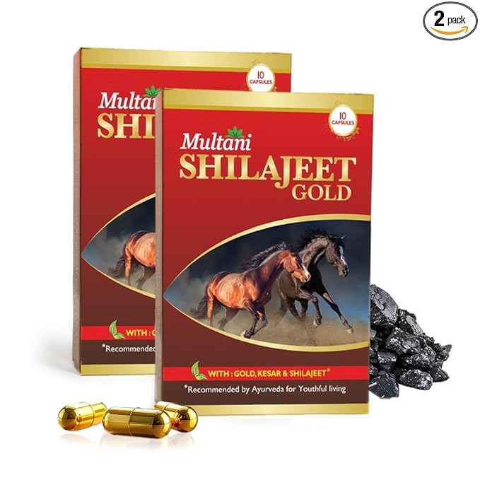 Multani Shilajeet Gold For Youthful Living, Enriched With Gold, Kesar, Safed Musli & Shilajeet Original, Ayurvedic Shilajit Capsule For Stamina & Endurance | 20 Capsule in (Pack of 2)