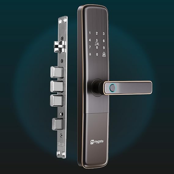 Mygate Smart Door Lock Plus with 6-Way Unlock | Fingerprint, PIN, Mobile App, RFID Card, Manual Keys | Remote Unlocking via OTP | for Main Wooden Doors |3-Year Warranty by Mygate